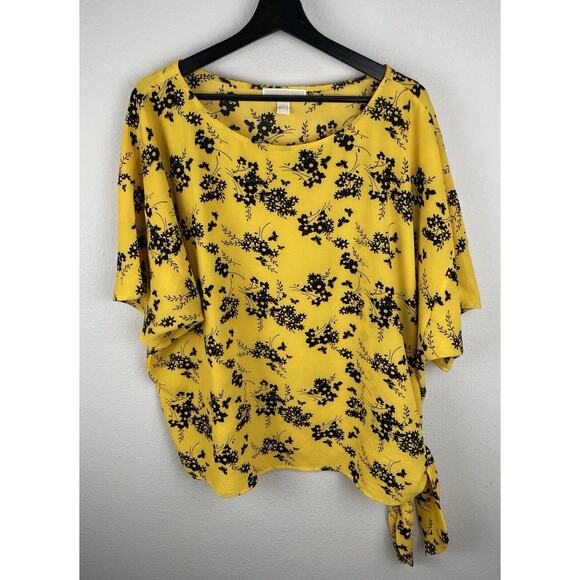 Michael Kors Top Womens Size XXL 2XL Yellow Short Sleeve Floral Asymmetrical Hem - Picture 1 of 10